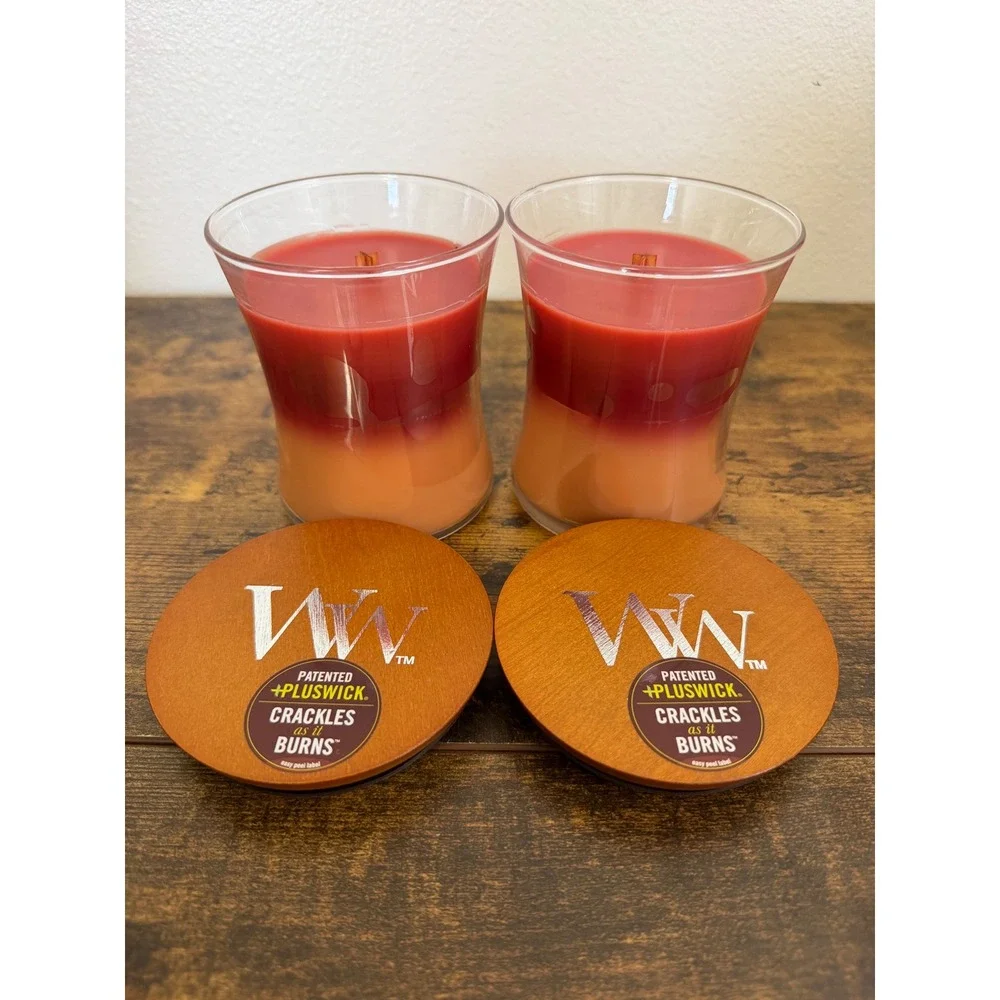 WoodWick Autumn Harvest Trilogy Candle Set of 2 Apple Pumpkin 9.7oz Hourglass